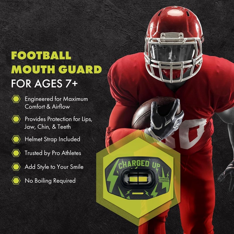 DAMAGE CONTROL Youth Football Mouth Guard – Breathable No Boil Mouthpiece, Protects Lips & Teeth, Works with Braces, Includes Helmet Strap – Sports Gear & Accessories (Charged Up) - Image 2